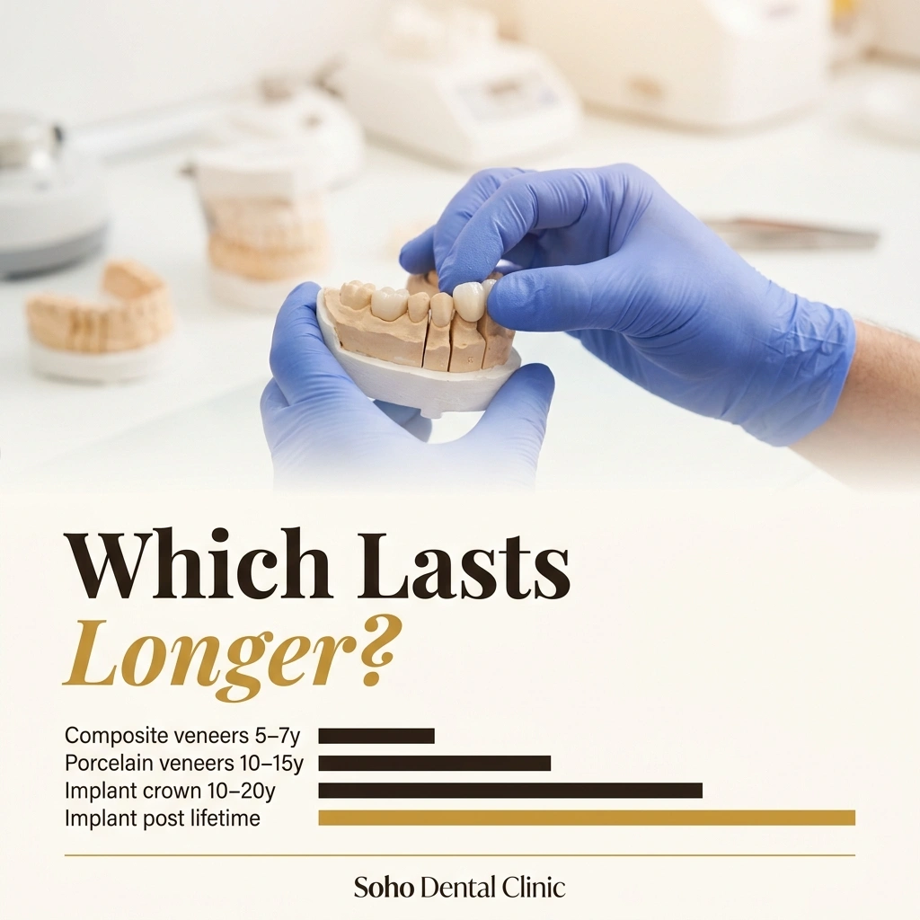  Dental veneers vs implants lifespan comparison – porcelain veneers 10–15 years, implant post lifetime